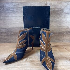 Vintage Dolce Gabbana Suede Denim Appliqué Ankle Boots 38 US 8